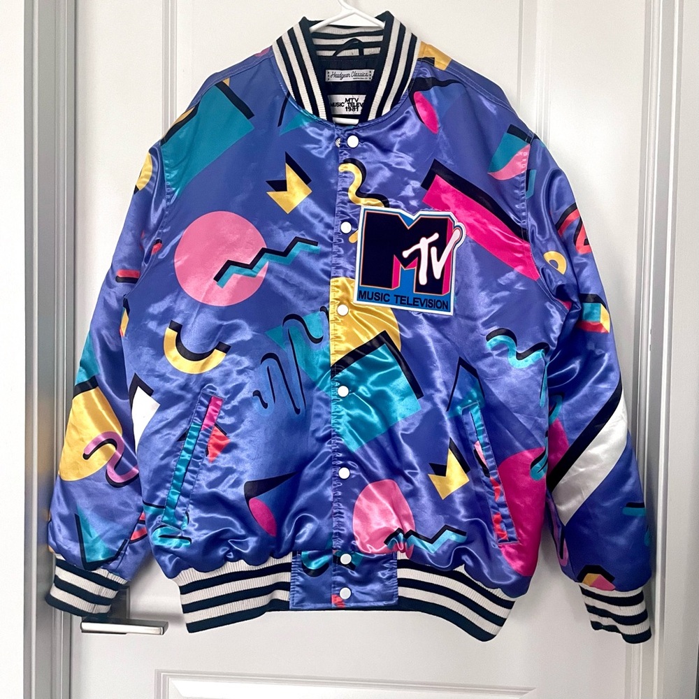 Rare!! Vintage 80s 1981 MTV Satin Bomber Jacket Memphis Design Print Unisex - Picture 3 of 13